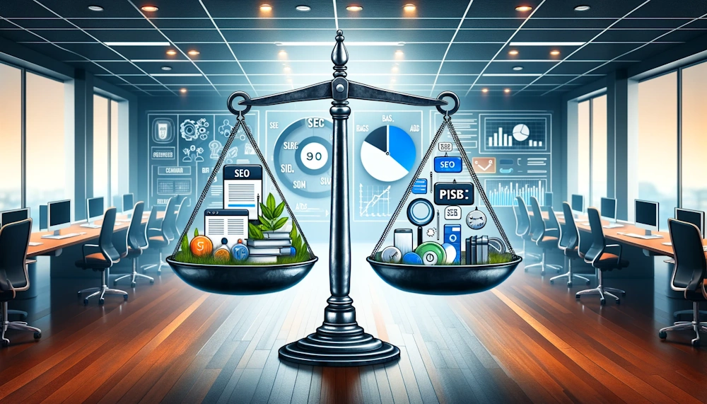 Balancing SEO and PPC: Features a scale in equilibrium, with one side representing SEO and the other PPC, set in a digital marketing office. This image symbolizes the strategic balancing of both disciplines to achieve optimal digital marketing results.