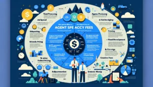Infographic on how much UK PPC agencies charge, showing the correlation between ad spend and agency fees, including percentage-based fees, tiered pricing, and fixed fees, with additional costs for campaign-enhancing services highlighted.