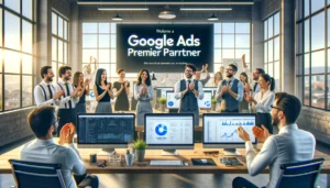 A team at a PPC London agency celebrates their Google Ads Premier Partner status in a modern office, surrounded by computers displaying PPC campaign data.