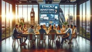 International Reach of London PPC Agencies - A diverse group of marketing professionals in a London office discussing ethical advertising strategies with digital screens showing PPC ads, and iconic London landmarks like Big Ben in the background.