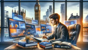 A young professional in the competitive market of London, studying PPC trends at a desk with multiple screens showing digital marketing data and a webinar, surrounded by books on PPC, with London architecture visible through the window.