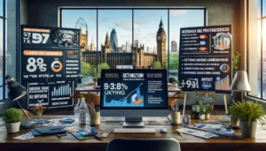 A dynamic digital marketing workspace in London focused on PPC management, featuring monitors displaying audience demographics and localized ad copy, with optimization checklists and a backdrop of London’s skyline.