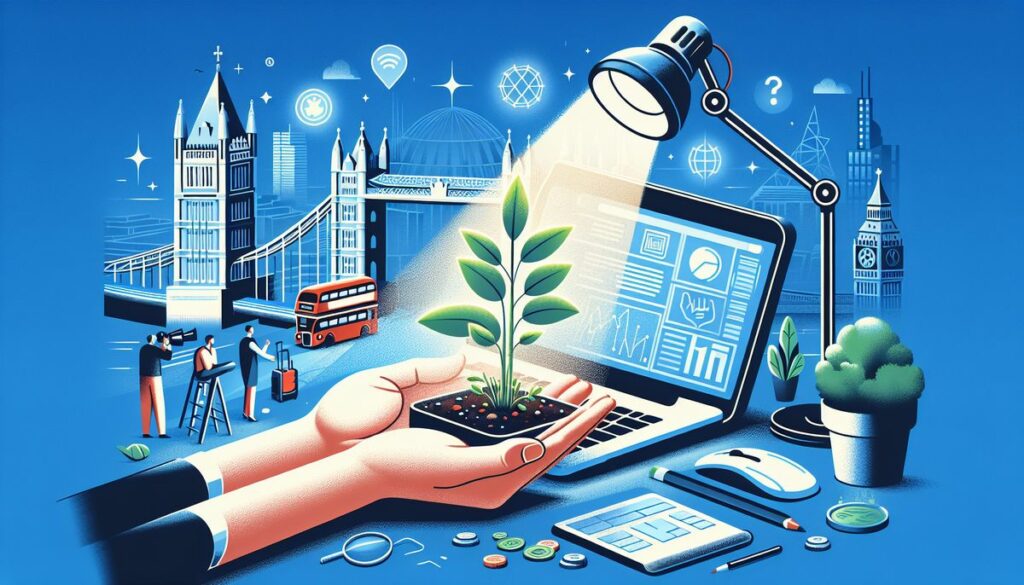 An illustrative depiction of sustainable growth in technology and finance, with iconic London landmarks and elements representing a pay per click agency in London nurturing digital growth.