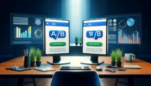 Digital illustration of A/B testing in PPC campaigns, featuring two computer screens with ads displaying different CTA button colors, blue and green, in a professional office setting.