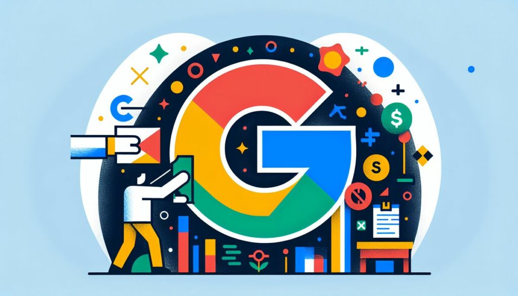 An abstract illustration depicting the central Google logo surrounded by a variety of colorful symbols, including financial icons and digital marketing elements, highlighting the query Can You Pay Google to Rank Higher.