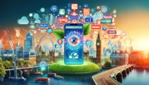 A vibrant digital collage showcasing the competitive market of London's online advertising. The image features smartphones with ads, a user engaging in voice search, icons for AI and machine learning, and symbols of sustainable branding. London landmarks like the London Eye and Big Ben are subtly integrated into the background, highlighting the city's technological advancements and eco-conscious values.