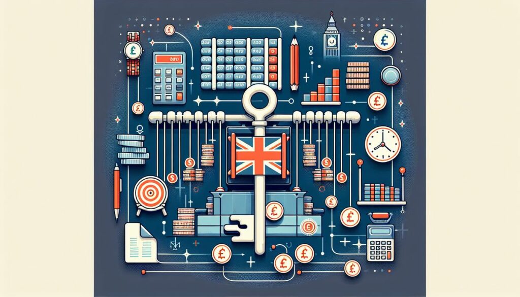 An intricate control board graphic, representing the strategic management of advertising campaign cost in the UK, with elements such as the British flag, currency symbols, and financial charts.