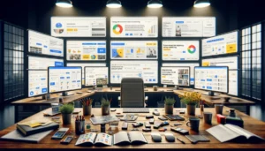 Detailed view of a digital marketing workspace emphasizing PPC ad spend optimization, featuring high-resolution screens displaying ads, tools for A/B testing, and strategic notes on audience insights, set in a modern London PPC agency office.