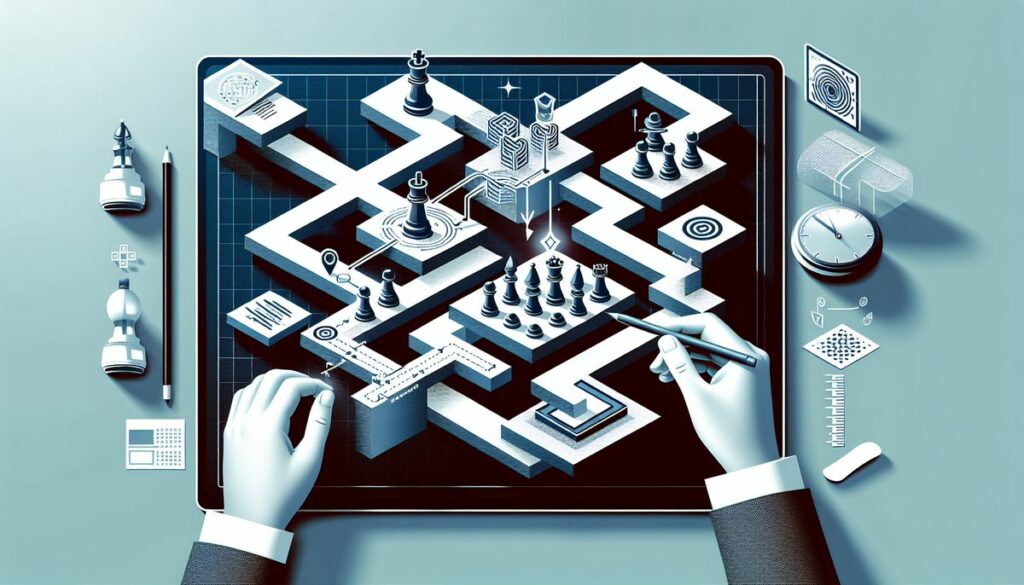 A conceptual representation of multi-channel marketing, with hands navigating a complex maze to symbolize strategic planning and integration across various platforms.