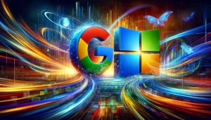A vibrant depiction of the Google and Microsoft logos in the midst of a dynamic, multi-channel marketing universe, with streams of light and digital elements swirling around them.