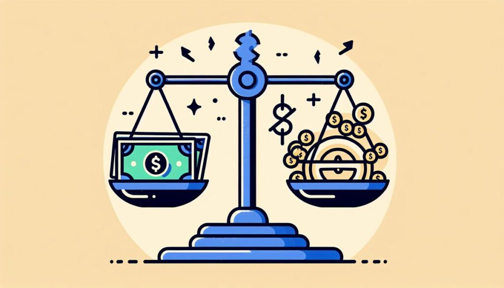 Illustration of a traditional balance scale with a laptop displaying a dollar bill on one side and a bowl full of coins and dollar symbols on the other, symbolizing the weighing of PPC Ad Spend.