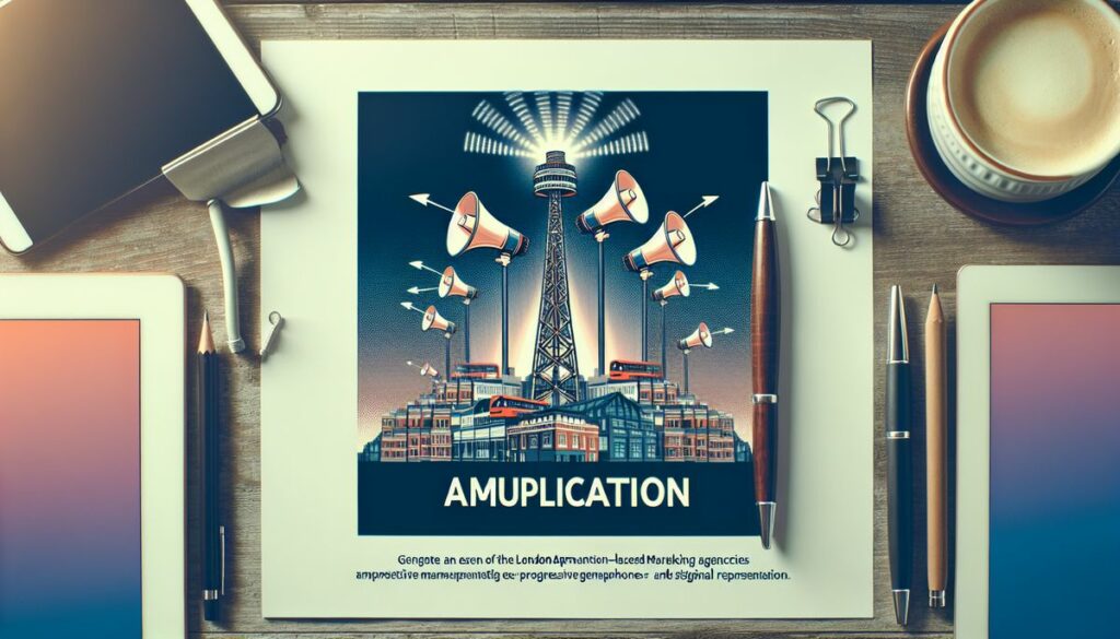 A creative workspace featuring a poster with the word "AMPLICATION", showcasing megaphones on towers broadcasting over a city, symbolizing the amplification of brand presence.