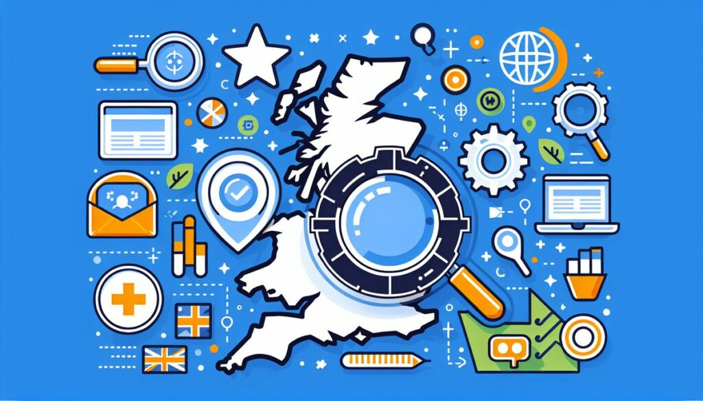 Illustration of the UK map surrounded by icons representing SEO and digital marketing elements like magnifying glasses, gears, and computer screens on a blue background.