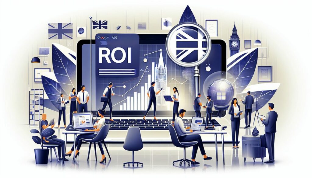 Illustration of professionals analyzing Google Ads ROI in an office with UK cultural symbols, including the Union Jack, Big Ben, and a magnifying glass over data charts.
