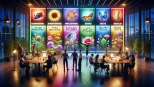 Marketers brainstorm in a creative workspace, using sensory words in compelling ad copy to increase CTR, with a display showing colorful ads that evoke sight, sound, taste, smell, and touch, enhancing audience engagement through vivid sensory experiences.
