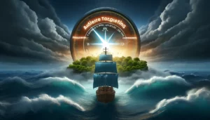 A conceptual business scene showcasing the significance of audience targeting in reducing advertising campaign cost in the UK during economic downturns, with a ship navigating stormy seas using an 'Audience Targeting' compass towards an island of engagement and conversion.