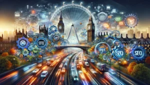 A dynamic visual representation of PPC innovations and predictions in digital marketing, showing the seamless integration of content, SEO, and PPC strategies against a backdrop of iconic London landmarks.