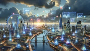 Futuristic London skyline illustrating PPC trends in London, with landmarks like the Shard and the London Eye interconnected by digital AI networks and PPC analytics holograms.