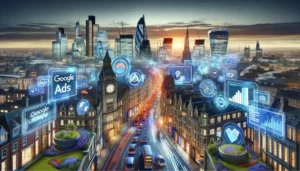 A vibrant scene in London featuring traditional architecture and futuristic digital elements, symbolizing the work of PPC marketing agencies in London. The image includes panoramic views with digital screens showing Google ads and analytics, embodying the blend of creativity and precision in PPC advertising.