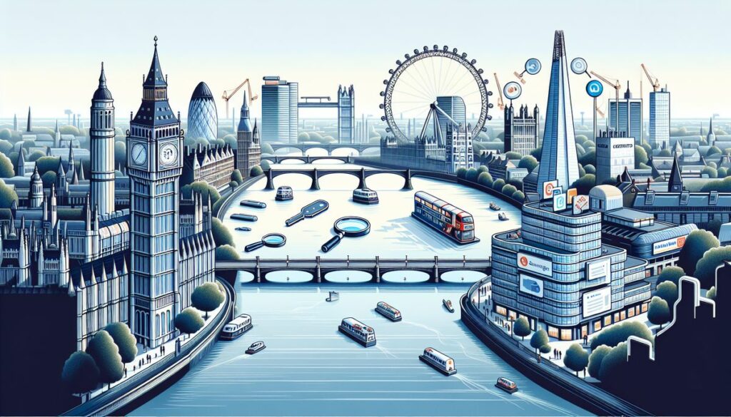Stylized illustration of London's iconic skyline, integrating PPC Innovations and Predictions into the cityscape with landmarks like Big Ben, the London Eye, and Tower Bridge set against a clear blue sky.