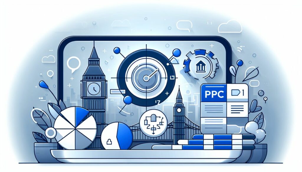 Illustration of digital marketing tools and analytics, featuring iconic London landmarks, symbolizing the expertise of a PPC company in London.