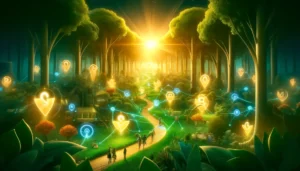 A vibrant digital forest scene illustrating the organic growth of SEO through earning genuine backlinks, with pathways and collaboration symbolizing strategic efforts in content creation and community engagement. This metaphor rejects the notion of whether you can pay Google to rank higher, emphasizing instead the value of authentic SEO practices.