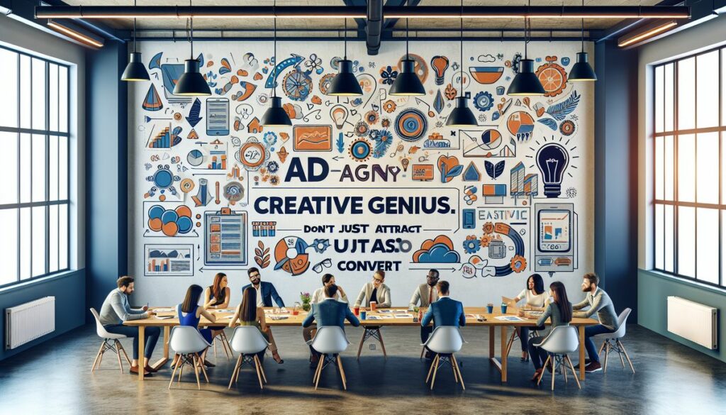 A team of professionals gathered around a table in a vibrant conference room adorned with creative PPC ad designs, showcasing London PPC Agency Creativity.