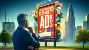 A middle-aged Caucasian male in casual business attire thoughtfully examines a vibrant and visually engaging billboard in an urban setting, representing London PPC Agency Creativity in ad design.