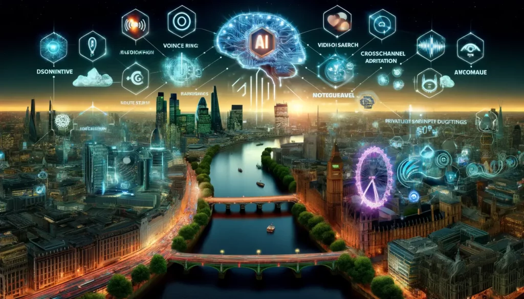 London's skyline at dusk, transformed into a hub for PPC trends in London, with futuristic symbols representing AI automation, voice search, cross-channel marketing, video advertising, and privacy in digital marketing.