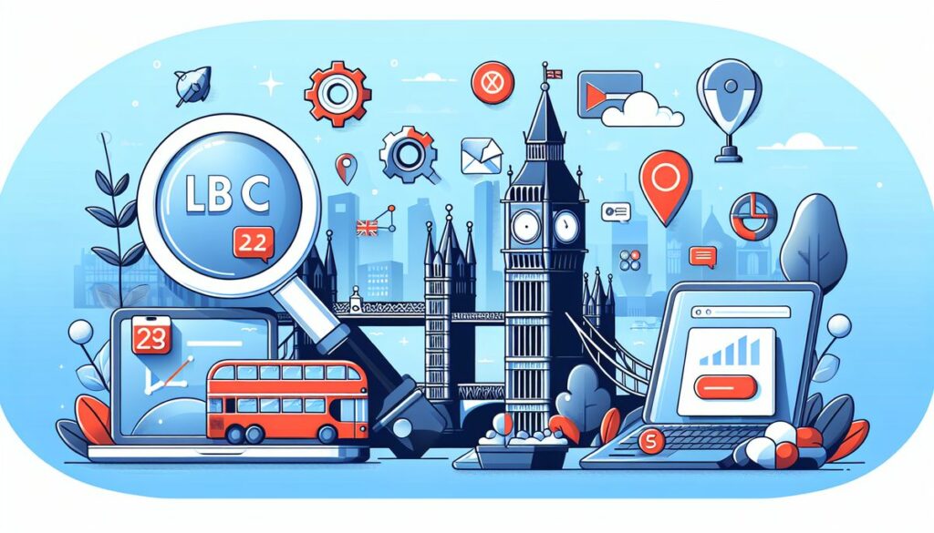Illustration of London's iconic landmarks blended with symbols of digital marketing and PPC strategy, representing the comprehensive services offered by PPC marketing agencies in London.