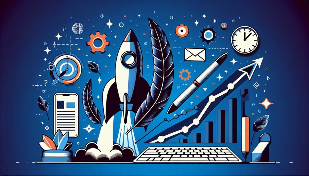 Illustration of digital marketing elements including a rocket launch, feather quill, laptop, and graphs, symbolizing the launch of compelling ad copy to increase CTR.