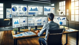 A professional in a modern office analyzes data on multiple screens displaying PPC campaign metrics, with a focus on the competitive market of London.