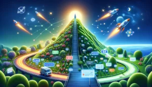 Is PPC cheaper than SEO? The image depicts the concept of search incrementality with SEO represented as a lush, ascending hill and PPC as a rocket launching into space, highlighting the synergy between organic and paid search strategies for enhanced website credibility and visibility.