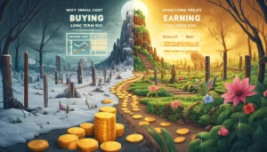  Illustration showing the consequences of attempting to pay for higher rankings versus organic growth in SEO. On one side, a barren landscape with scattered gold coins represents the inefficacy and risks of buying links, questioning the strategy: Can You Pay Google to Rank Higher? On the other, a lush garden symbolizes the long-term value and low risk of earning links through effort and quality content.