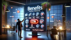 A marketing professional points to a digital display with a benefits-focused CTA in a modern office. The CTA emphasizes acquiring leads and managing ads across platforms like LinkedIn, TikTok, and YouTube.