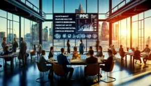A team of digital marketing professionals in a London office, discussing PPC strategies with a focus on the international reach of London PPC agencies. The office overlooks the city skyline, emphasizing a global perspective.