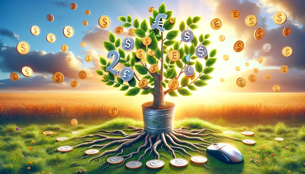 A conceptual image representing the impact of efficient PPC budget management on business growth. The scene includes a flourishing tree with leaves
