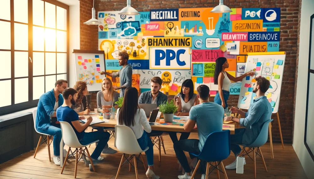 A creative brainstorming session in a modern digital marketing agency The setting includes a vibrant, colourful office with brainstorming tools