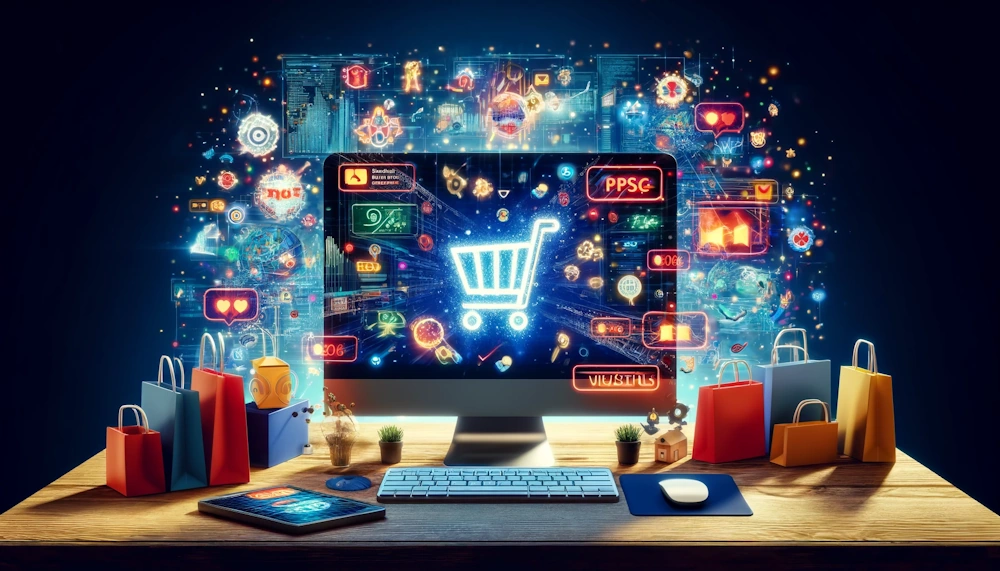 A creative depiction of a successful eCommerce website influenced by PPC advertising, displaying a computer screen