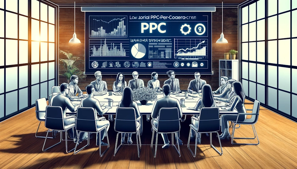 Conference Room Discussion: Showcasing a PPC agency team in London strategising for ad success