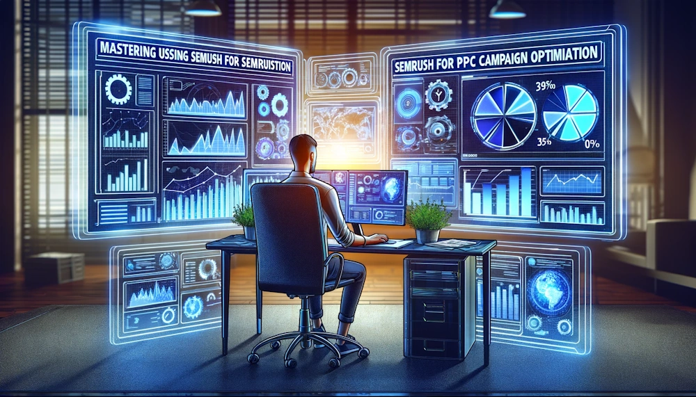 A detailed digital illustration of a person working on a computer with multiple screens displaying graphs and data analysis tools, reflecting the them