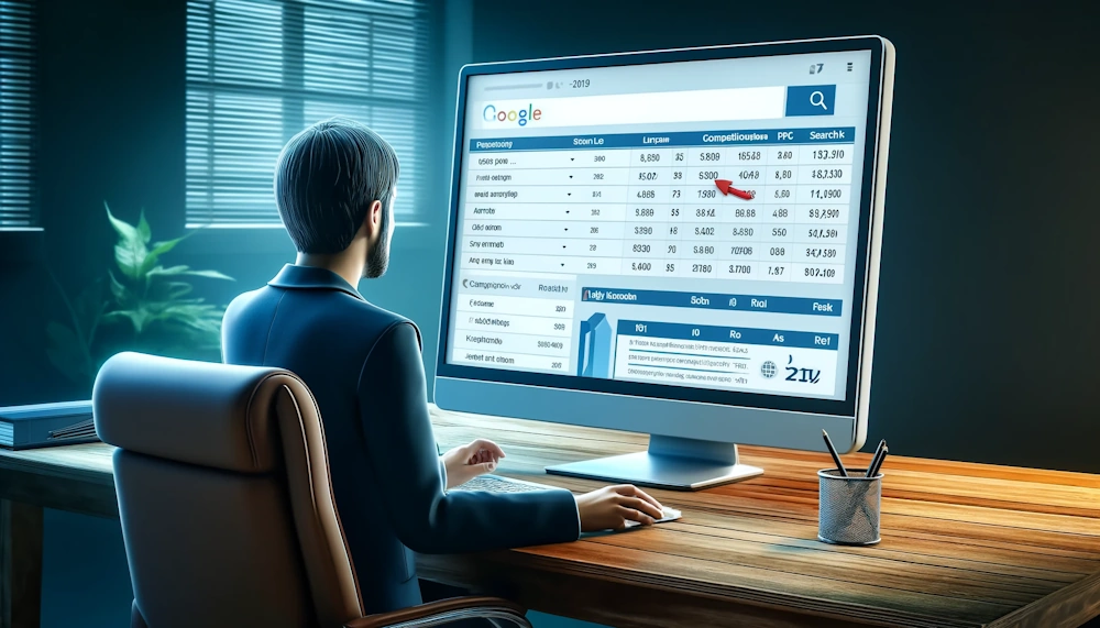 A detailed illustration of a marketer analyzing data on a large monitor, focused on a spreadsheet filled with keyword performance metrics