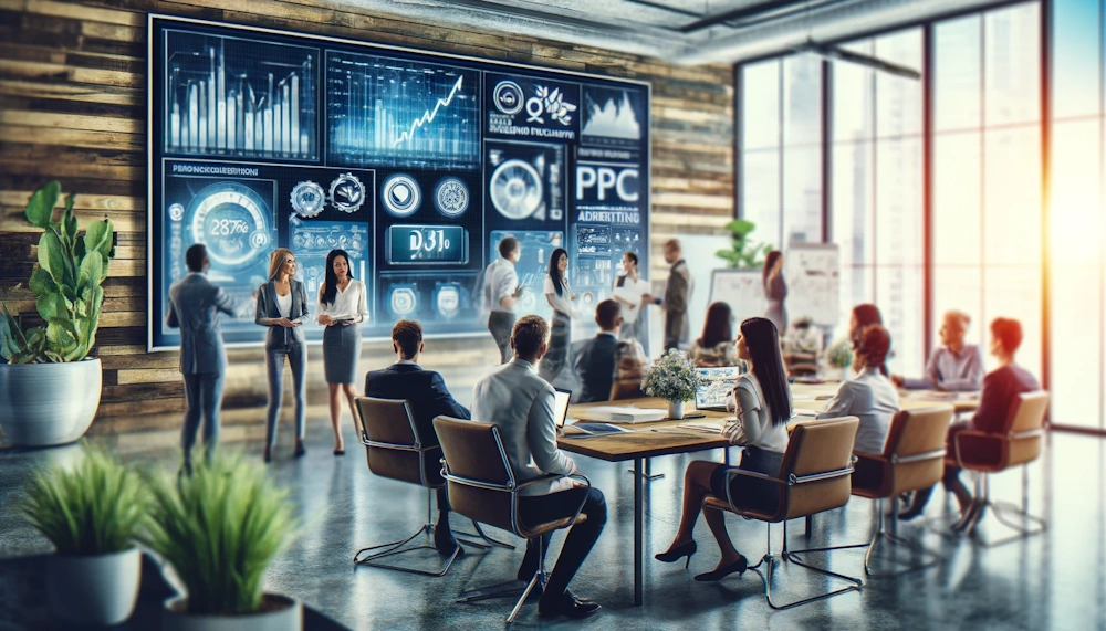 A detailed image of a busy office scene focused on digital marketing. The image shows a diverse group of professionals discussing strategies