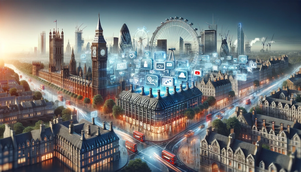 A detailed professional image representing the digital marketing landscape in London. The scene depicts a bustling cityscape