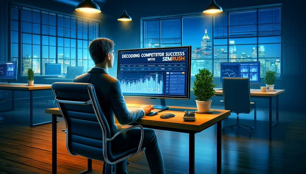 A digital illustration depicting a business analyst studying competitor data on SEMrush in a corporate office setting