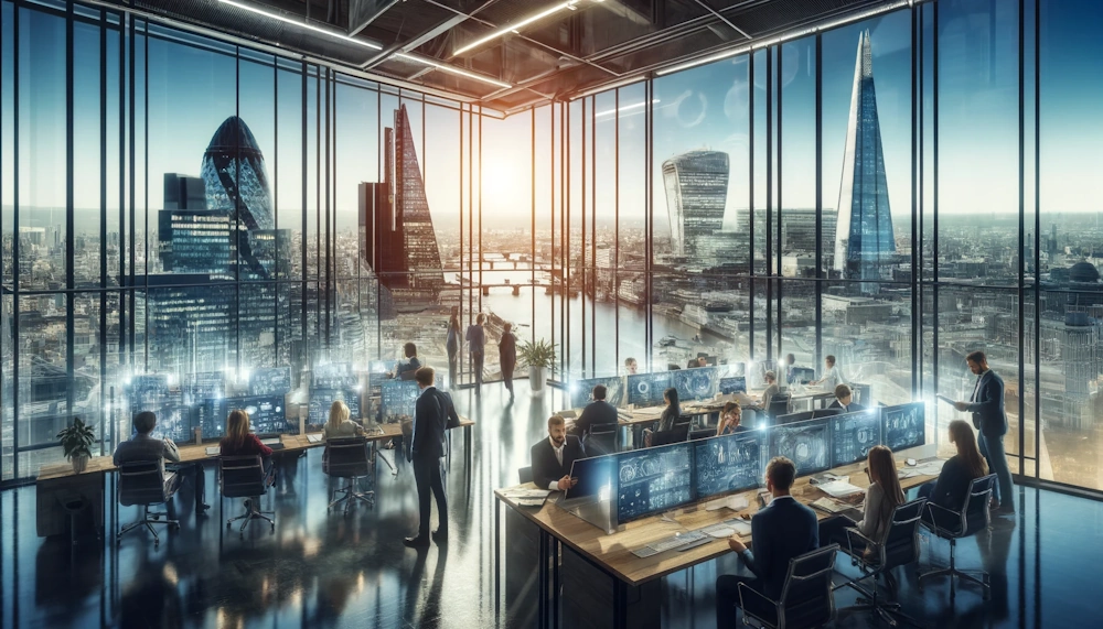 A high-resolution image of a modern office in London with views of famous landmarks like the Shard and the London Eye visible through large windows