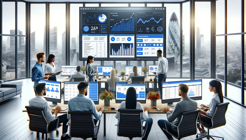 A modern office scene showing a team of digital marketers analyzing PPC campaign results on multiple monitors