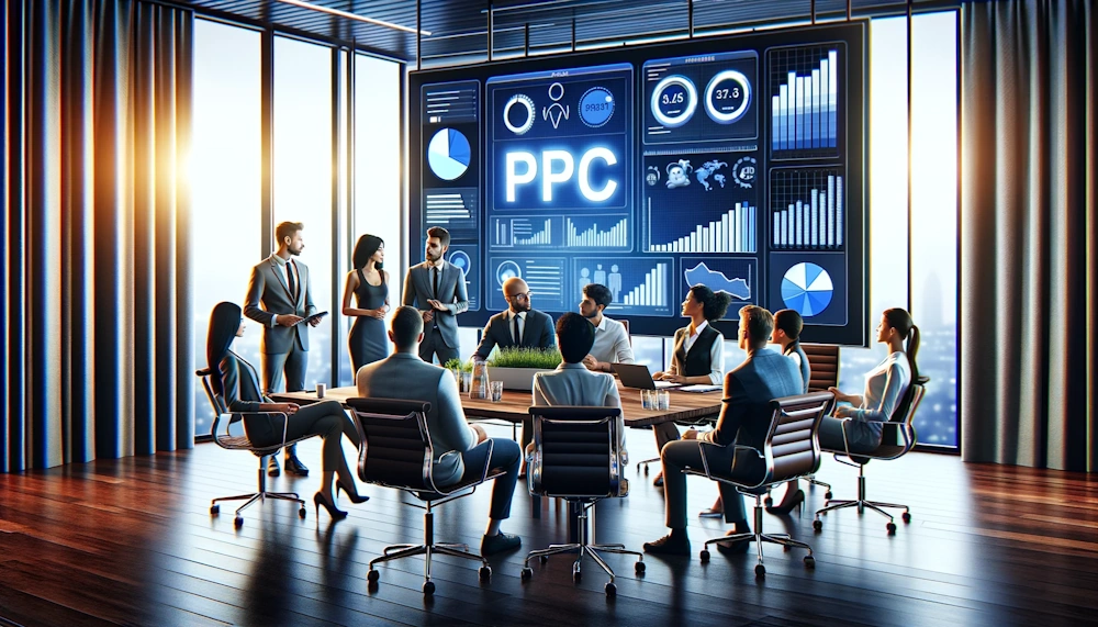 Understanding the Value of Specialised PPC Expertise - An office setting with a diverse group discussing PPC analytics.