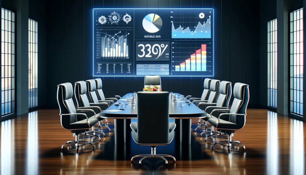 A modern, sleek boardroom setting with a large digital screen displaying graphs and metrics related to Google Ads performance