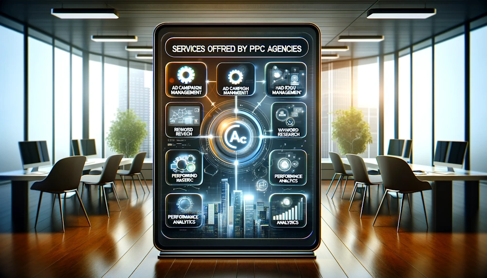 A professional digital illustration depicting a variety of services offered by PPC agencies, framed as a graphical interface